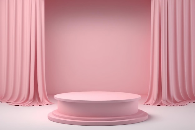 Empty pink podium with curtains for product display