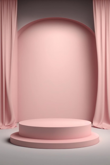 Empty pink podium with curtains for product display