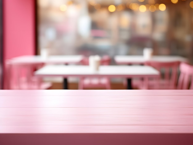 Photo empty pink table for product display with blurred cafe background