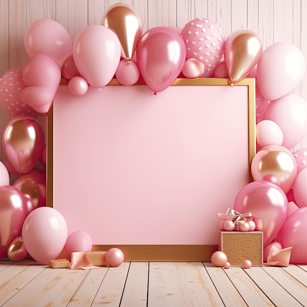 Пустое розовое дерево и украшение на день рождения с золотым фоном из воздушных шаров. Для отображения продукта, копировального фона баннера.
