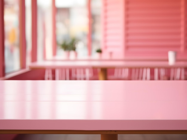 Empty pink wooden table for product display with blurred cafe background