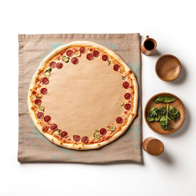 Photo empty pizza board and napkins top view isolated on white