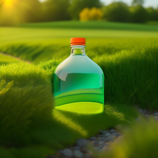 Empty plastic bottle and cap on green grass ecology problem environmental pollution