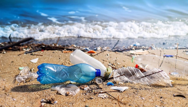 Empty plastic bottles on the beach seashore and water pollution concept Trash empty beverage packages thrown away at the seaside closeup view in direct sunlight