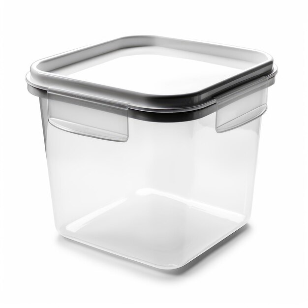 Foto svuotare il contenitore per alimenti in plastica su sfondo bianco
