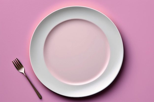 분홍색 배경에 흉내낸 빈 접시와 칼붙이