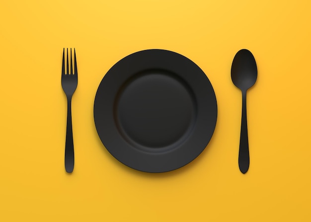 Empty plate fork and knife isolated on yellow background Minimal creative concept Top view 3D render