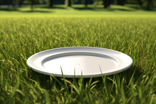 Empty plate on green grass in the park shallow depth of field