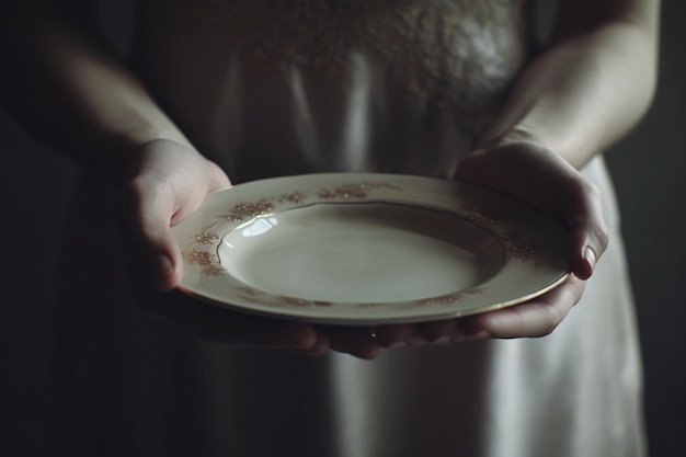 Empty plate held by a woman