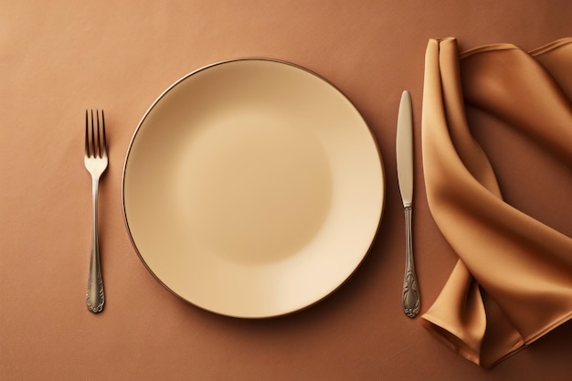 Empty Plate Knife Fork and Napkin on Table Setting Top View and Flat Lay with Copy Space AI Generated