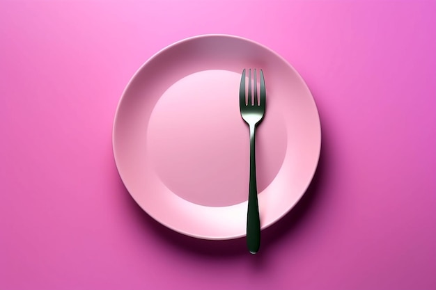 Empty plate with fork on pink background Served cutlery minimal table setting Menu mockup space for text diet concept AI generated