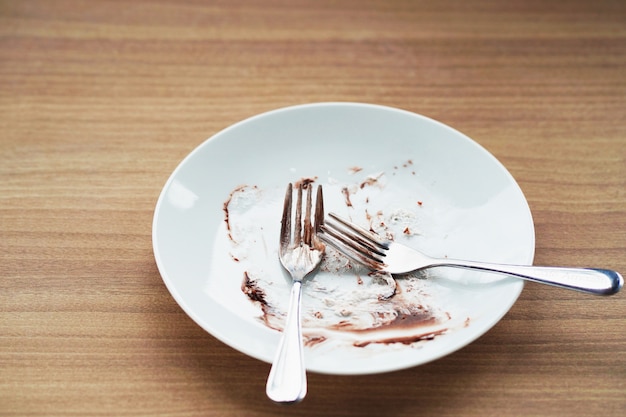 Empty plate with fork on table