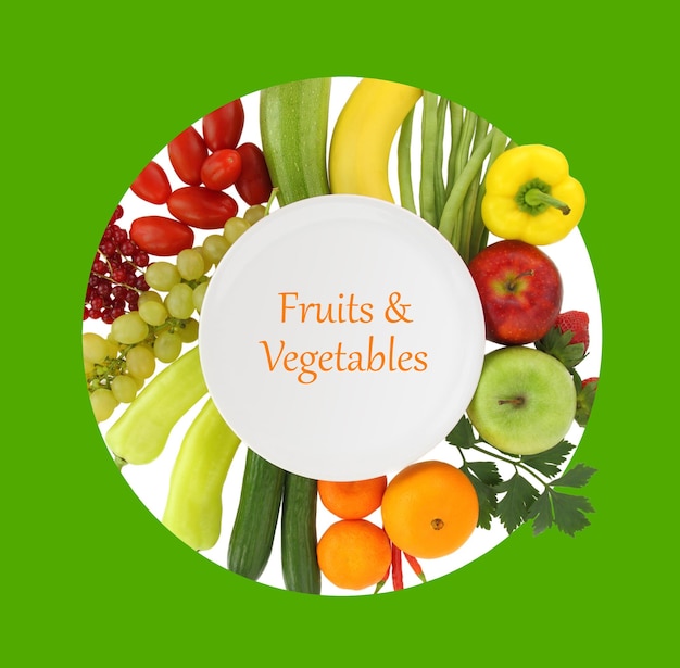 Empty plate with fruits and vegetables around it