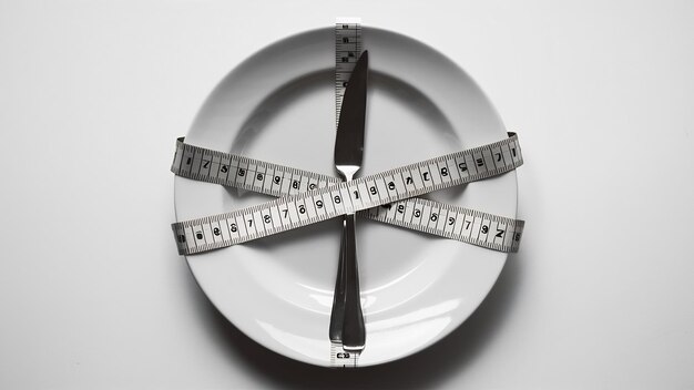 Empty plate with measuring tape knife and fork