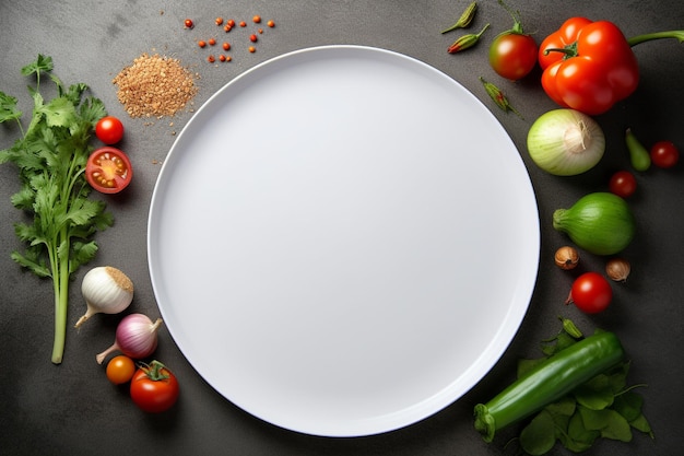 ベジタリアン料理の空のプレート調理用の新鮮な食材ビーガン プレート上面図