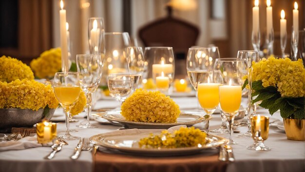 Пустые тарелки, стаканы, свечи на столе с цветами.
