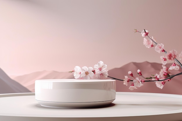 Empty Podium for Beauty Product with Almond Blossoms AI Generative
