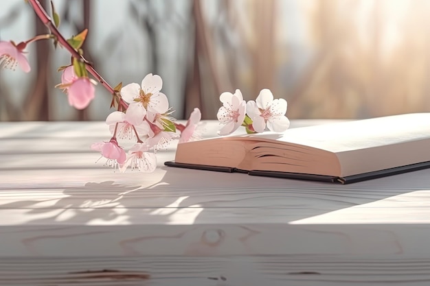 Empty podium for beauty product with almond blossoms generative ai