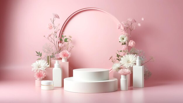 empty podium for cosmetic products stands elegantly against a pink background