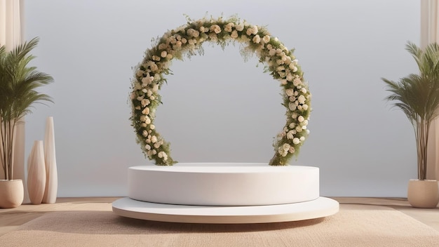 Empty podium for display flower and leaf decoration environment