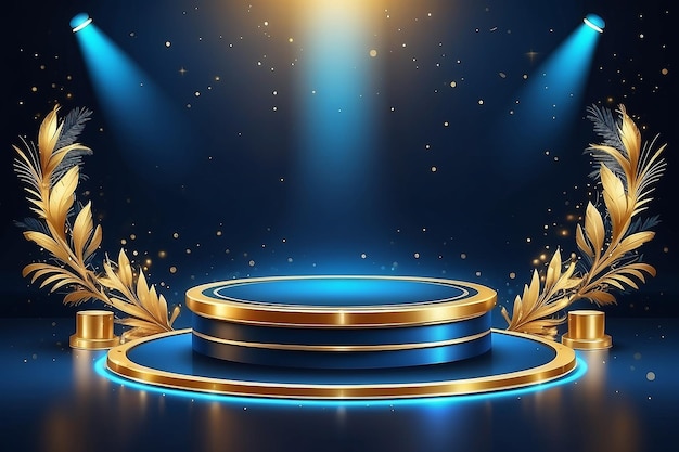 Empty podium golden on blue background with light neon effects with bokeh decorations Luxury scene design concept Vector illustrations