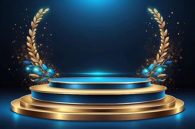 Photo empty podium golden on blue background with light neon effects with bokeh decorations luxury scene design concept vector illustrations