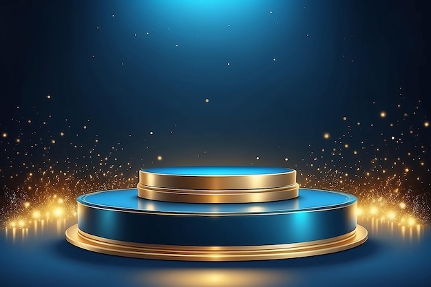Empty podium golden on blue background with light neon effects with bokeh decorations