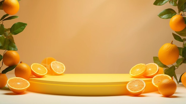 Photo empty podium on light architectural background surrounded by orange lemon abstract background with