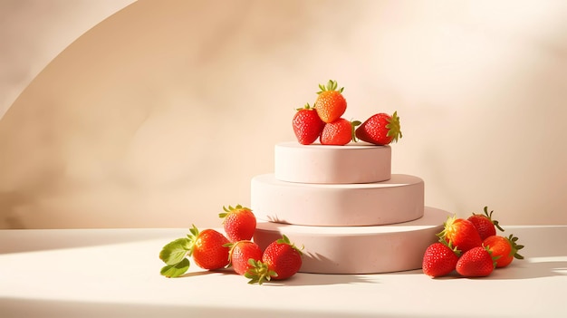 Empty podium on light architectural background surrounded by strawberries