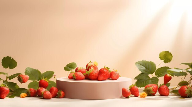 Empty podium on light architectural background surrounded by strawberries