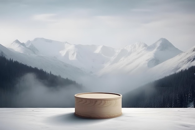 Empty podium mockup Winter theme Snowy mountain backdrop Generative AI