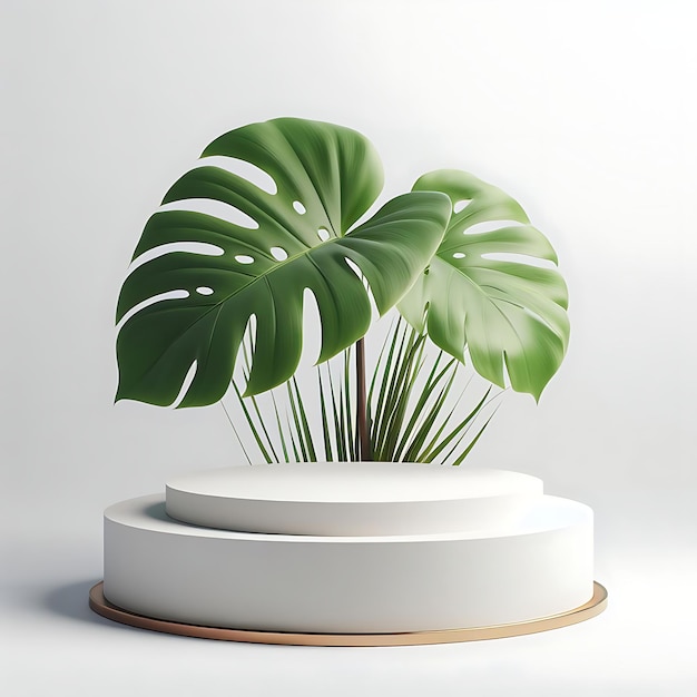 Empty podium or pedestal display with monstera leaves on white background3D illustration