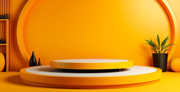 Empty podium pedestal yellow background stand for product goods shelf with product advertising ai generated image