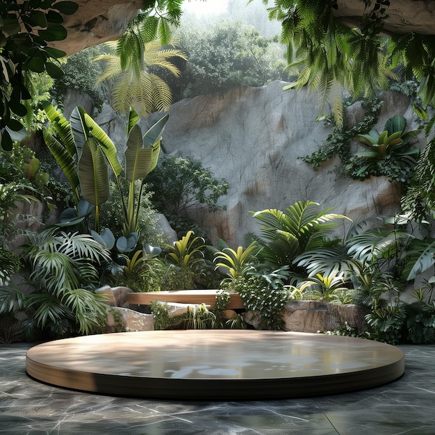 Empty podium for product display jungle theme