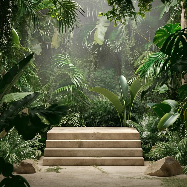 Empty podium for product display jungle theme