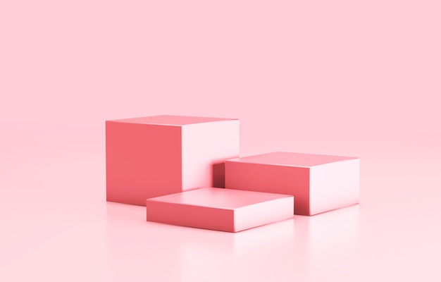 Empty podium, product shelf template. Pink color cubes and background. 3d render.