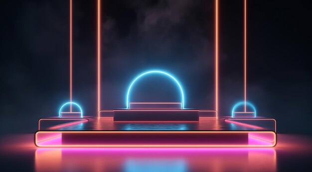 Empty podium for products display with smoke and neon lights AI Generated