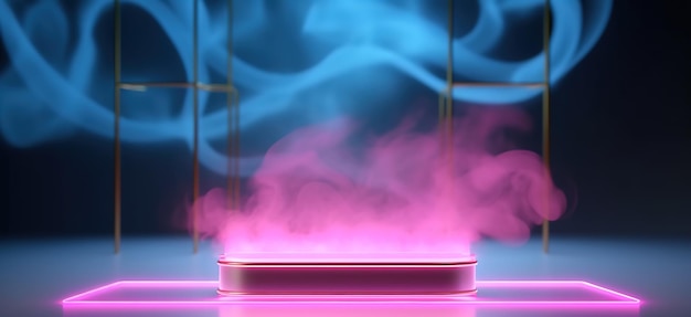 Photo empty podium for products display with smoke and neon lights ai generated