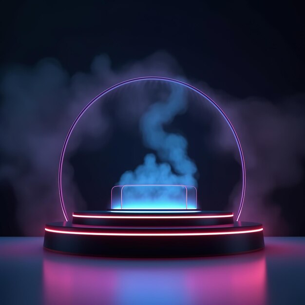 Photo empty podium for products display with smoke and neon lights ai generated