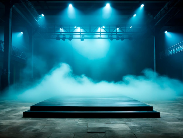 Empty podium stage with volumetric lights and smoke on a background mockup Generative AI