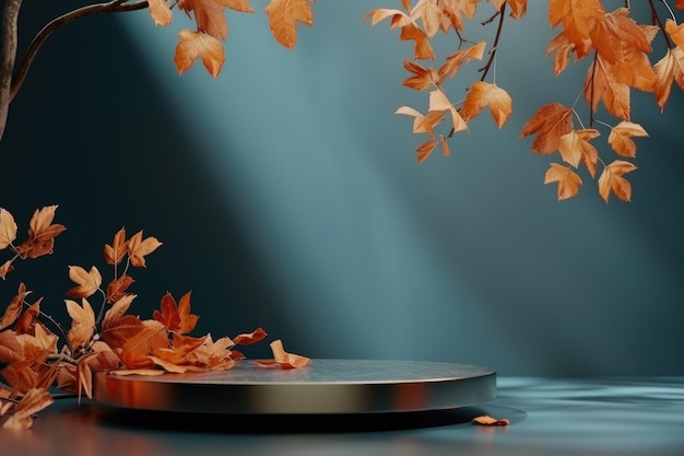Empty podium with branch of autumn leaves to show cosmetic products