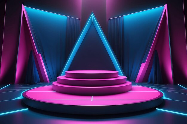 Empty podium with curtain on background and neon blue and pink triangles around