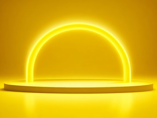 Empty podium with line yellow neon ring on yellow background Product Display