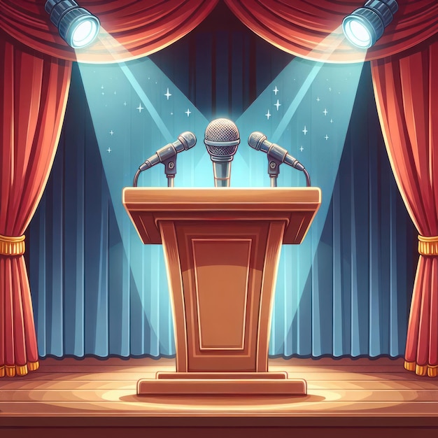 Photo empty podium with microphones on a illuminated stage