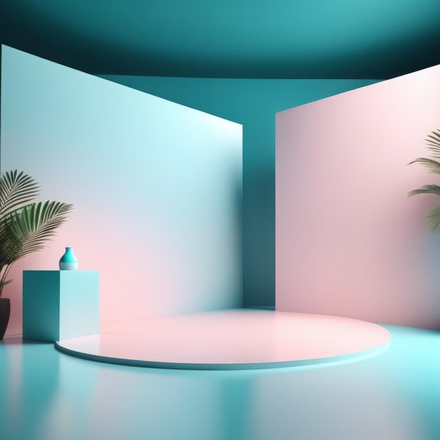 empty podium with neon lights in empty studio with empty copy space for product display 3d ill