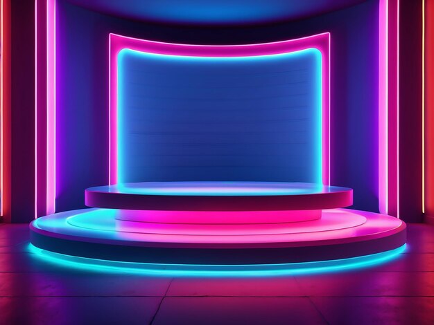 Photo empty podium with neon lights for product placement advertising