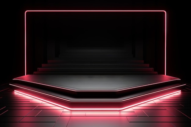 empty podium with red lights on black background in the style of luxurious geometry circular shapes minimalist stage designs