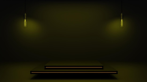 Empty podium with a square on a square and with a golden gradient of lines on the squares Lamps