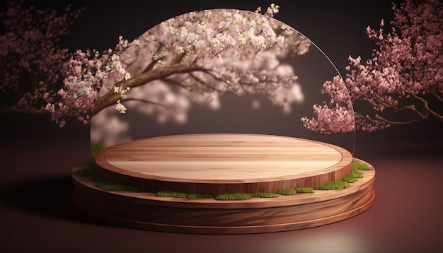 Empty podium wooden table top product display showcase stage with spring cherry blossom background