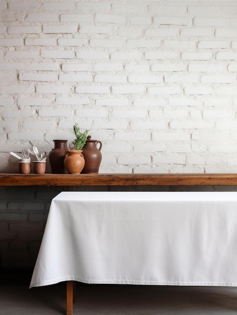 Photo empty podium on wooden table with tablecloth over rustic wall background